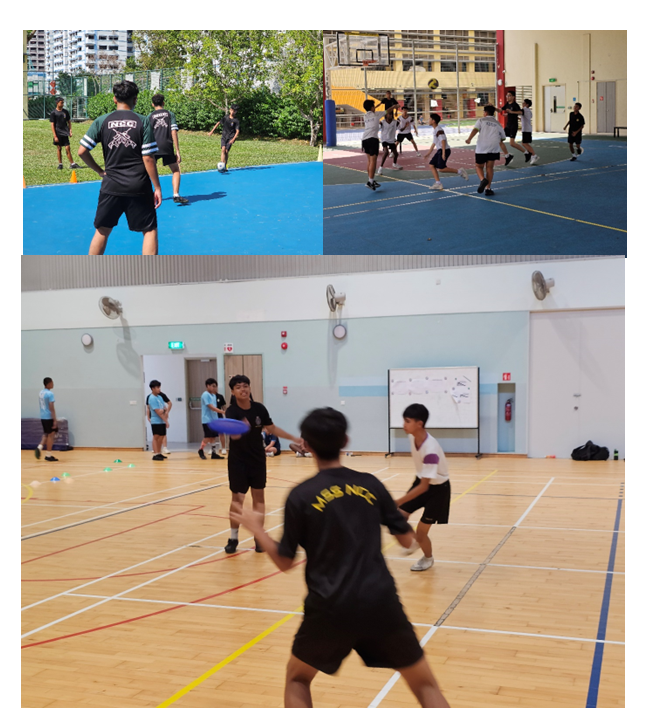 Three photos of students playing sports outdoors on blue courts and indoors on a wooden gymnasium floor.