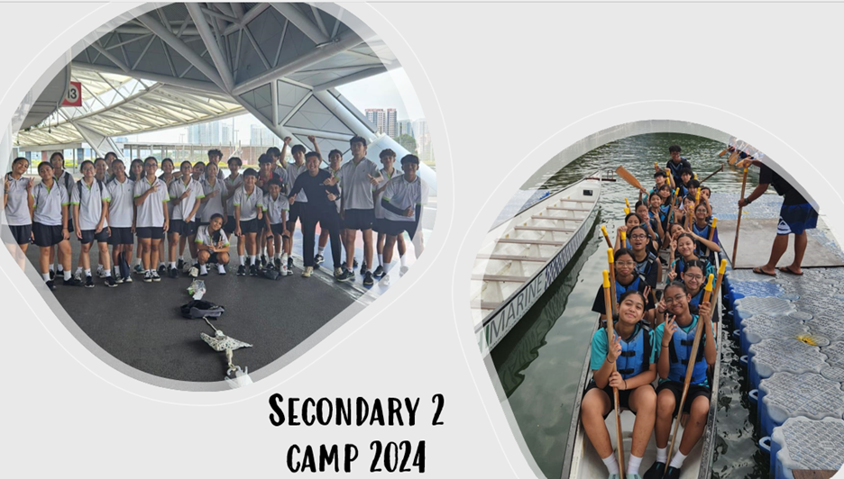 Students pose as a group indoors and in a dragon boat on water at Secondary 2 Camp 2024.