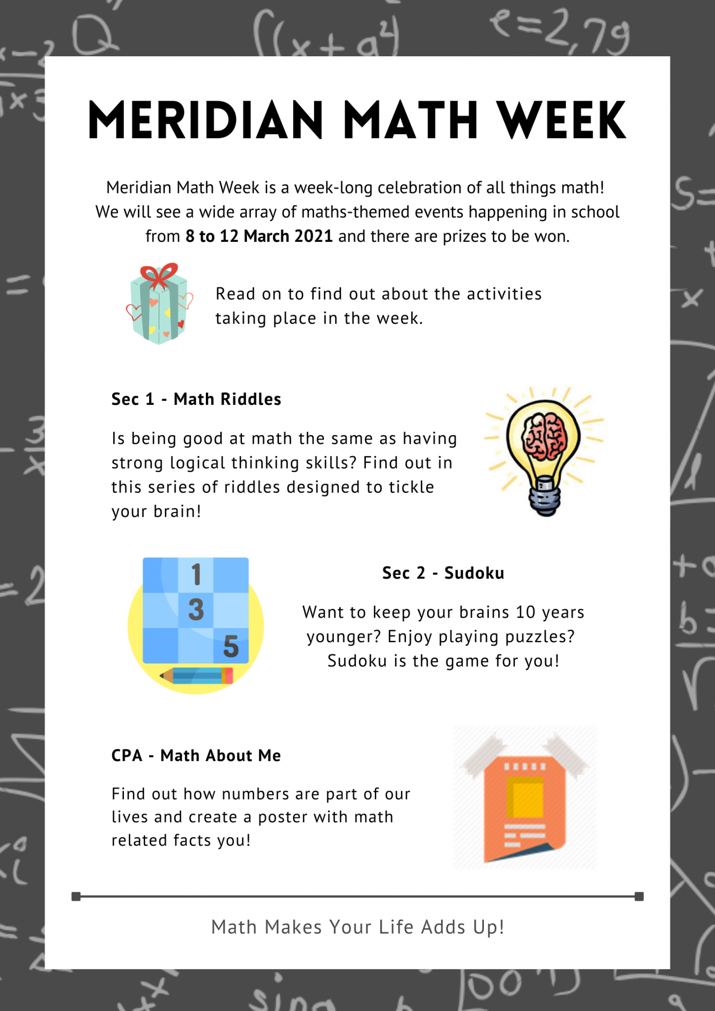Flyer for Meridian Math Week, March 8-12 2021, listing activities: Math Riddles, Sudoku, and Math About Me poster.