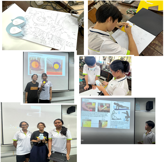 Students working on design sketches, presentations, and project demonstrations in a classroom setting.