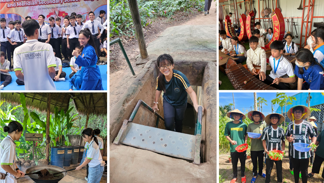 Students on a school trip exploring Cu Chi tunnels, traditional instruments, outdoor cooking, and harvest activities.