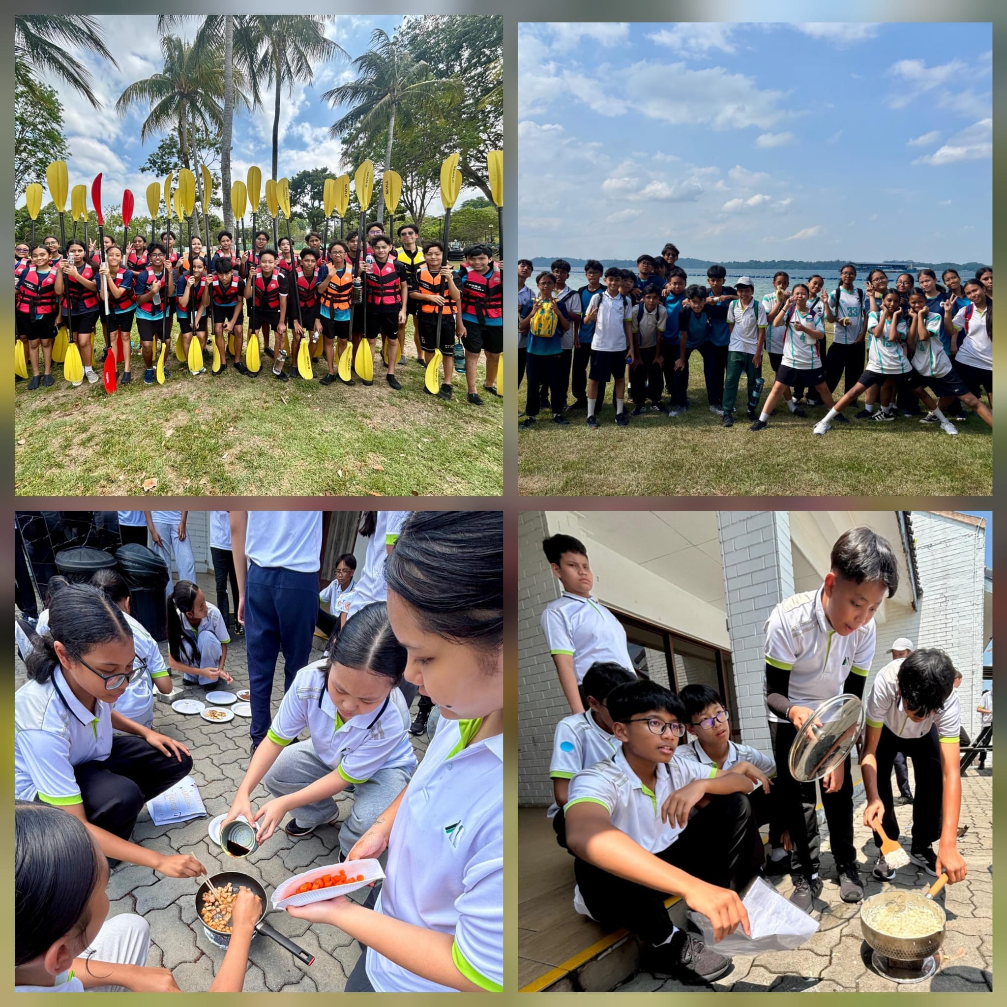 Four photos of students on a camp: holding kayak paddles, posing by a lake, and cooking food outdoors.