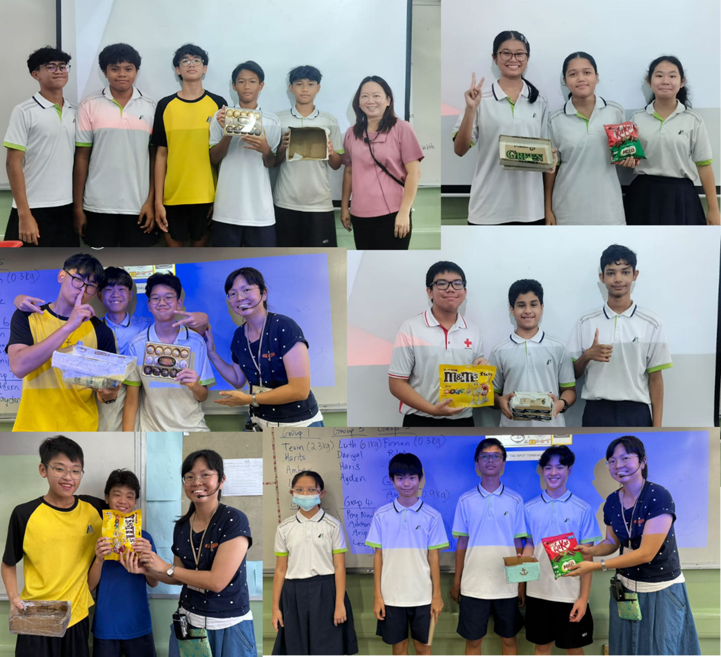 Students in school uniforms pose with teachers, holding snack prizes like M&Ms and KitKat in a classroom setting.