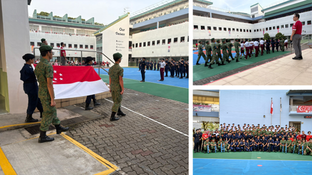 Students in uniform carry the Singapore flag during a school ceremony, with groups marching and posing outdoors.
