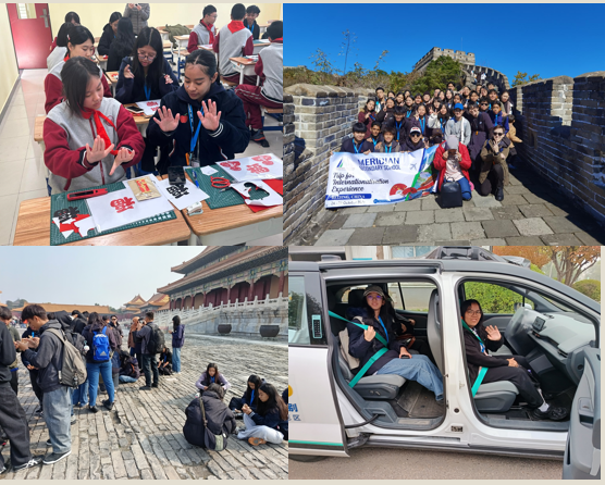 Four-panel collage of students doing paper crafts, posing on the Great Wall of China, visiting a palace, and riding in a car.