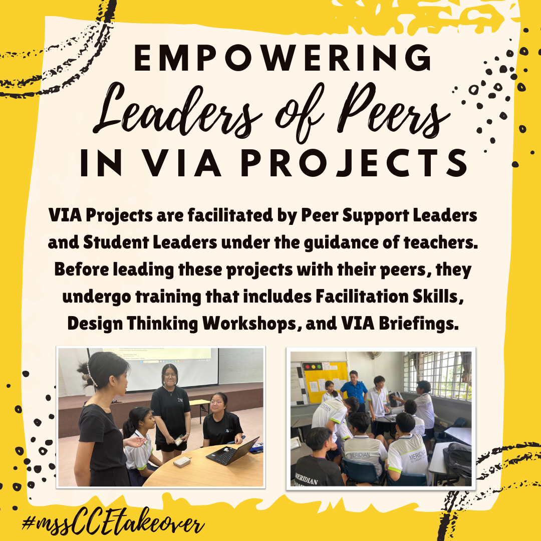 Yellow poster titled Empowering Leaders of Peers in VIA Projects with two photos of students collaborating in classrooms.