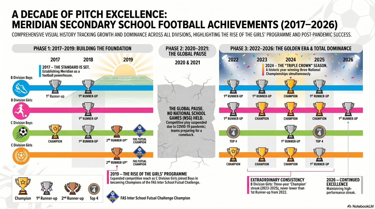 Infographic showing Meridian Secondary School football achievements from 2017 to 2026 across four divisions.