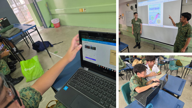 Three scenes show uniformed students using laptops and presenting at a whiteboard in a classroom.