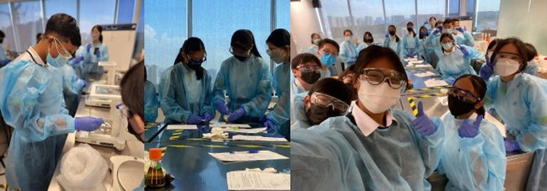 Students in blue lab gowns, masks, and gloves conduct experiments at lab benches in a classroom setting.