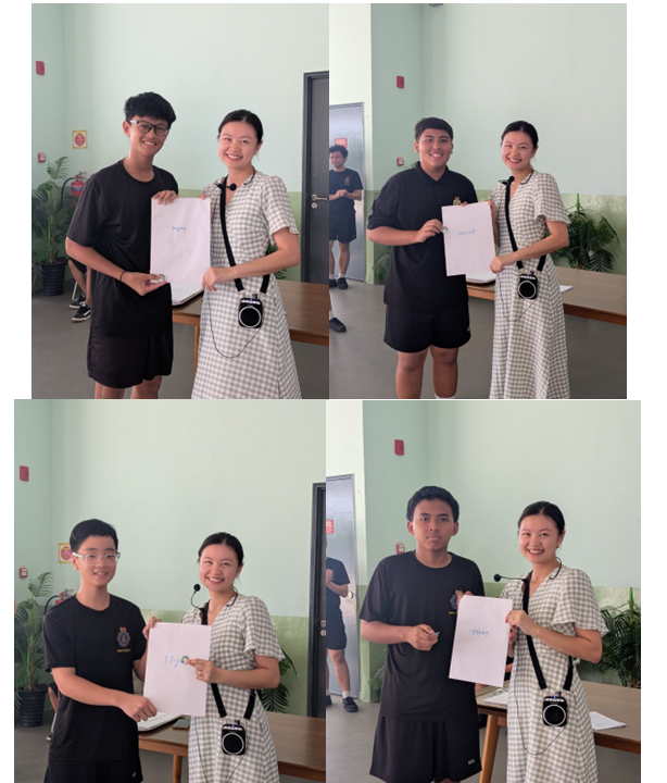 Four photos of pairs of young people holding white papers, posing together in a light green room.