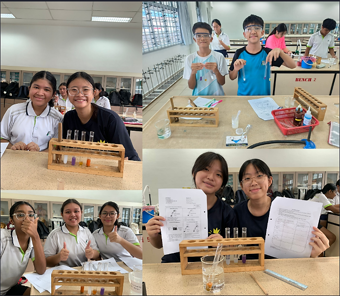 Four photos of students smiling in a science lab with test tube racks, beakers, and lab worksheets on benches.