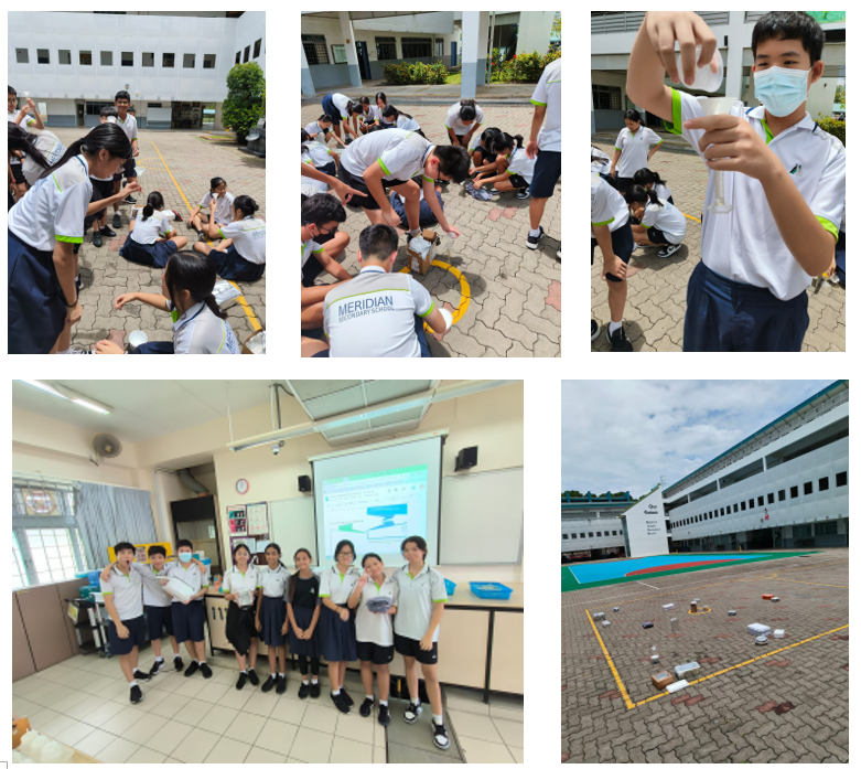 Five photos of Meridian Secondary School students doing outdoor and indoor group activities on a school campus.