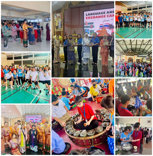 Collage of a Language and Cultural Exchange Camp with students in traditional dress, playing instruments, and sports activities.