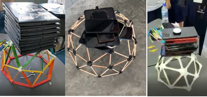 Three geodesic dome structures made of sticks support stacks of tablets or laptops in different settings.