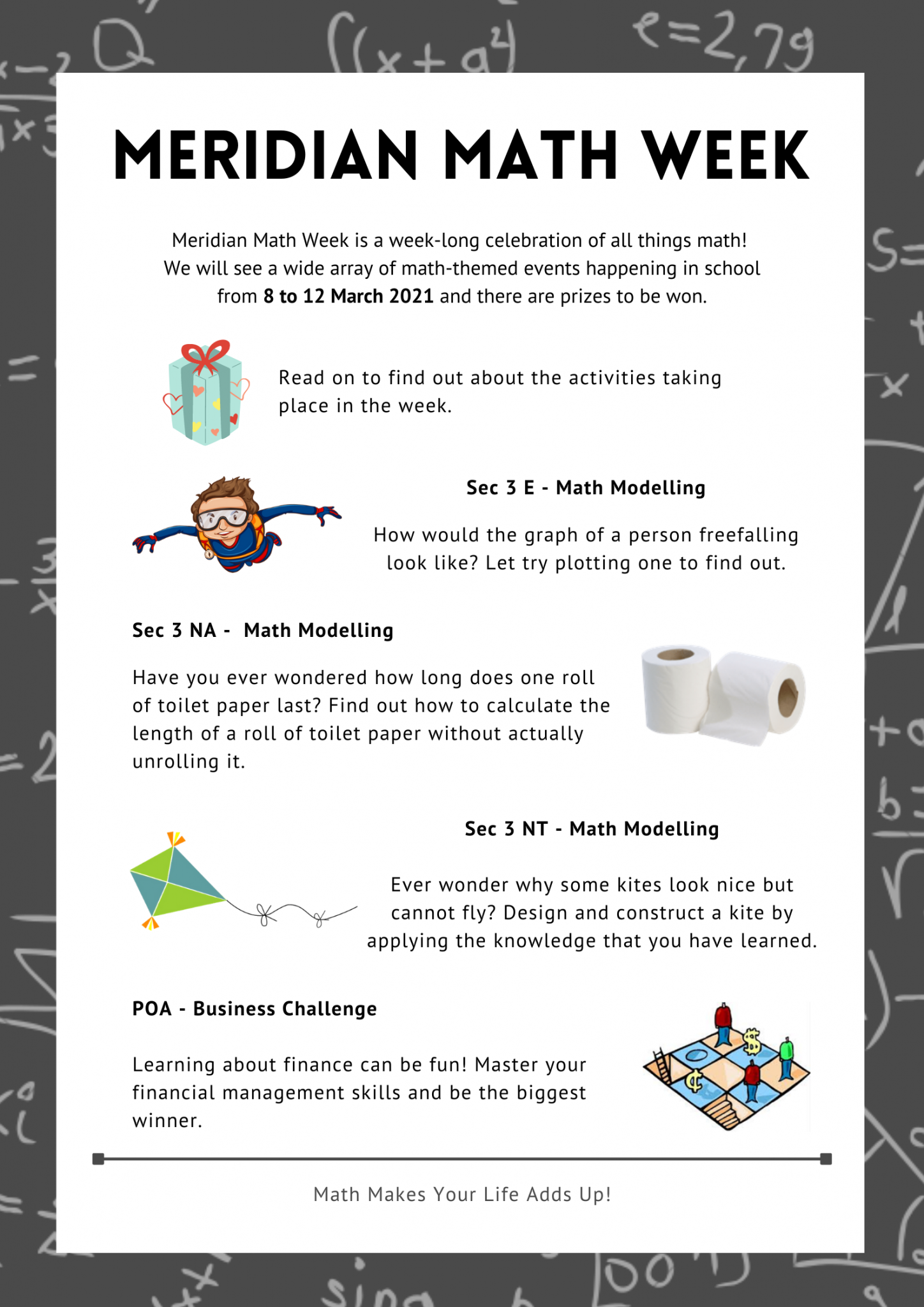 Flyer for Meridian Math Week, 8 to 12 March 2021, listing math activities for secondary school students.