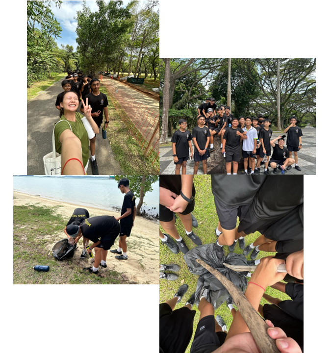 A group of students in black uniforms doing an outdoor cleanup activity, posing for photos in a park.