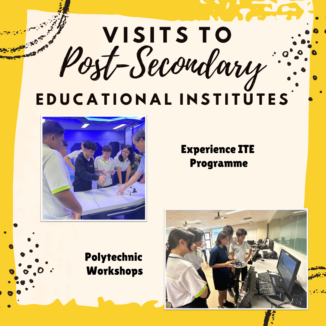 Flyer about visits to post-secondary institutes showing students at ITE and polytechnic workshops.