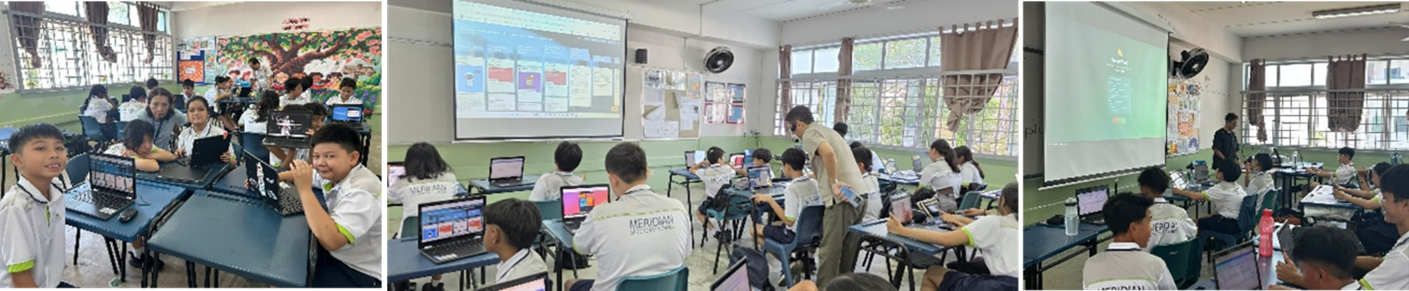 Students in white uniforms work on laptops in three classroom scenes, with a teacher and projected screens visible.