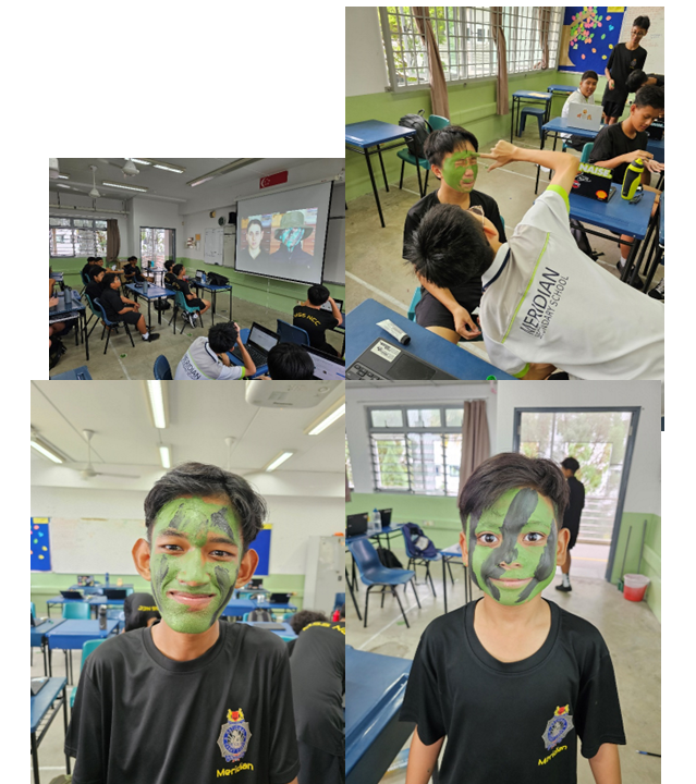 Students in black uniforms with green camouflage face paint in a classroom, and a group watching a projector screen.