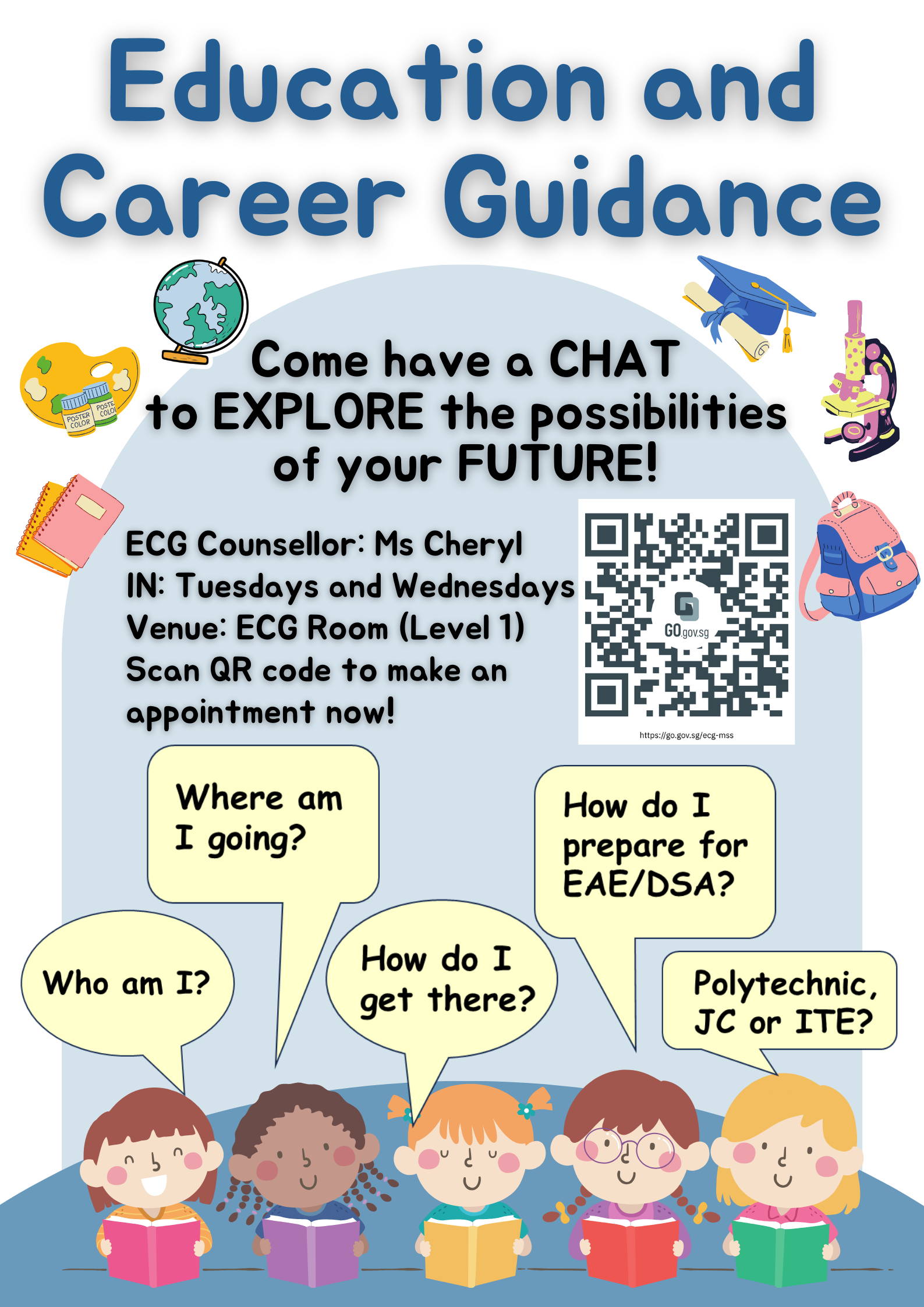 Poster titled Education and Career Guidance with cartoon children, school icons, a QR code, and counselor session details.