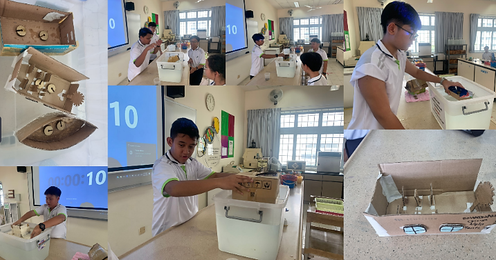 Students in school uniforms work with cardboard box projects in a classroom, shown from multiple angles.