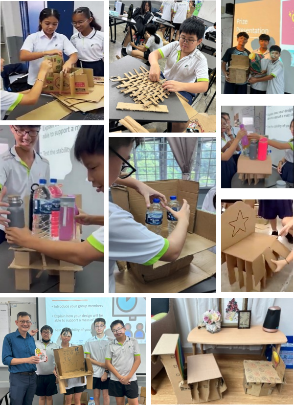 Students building and testing cardboard structures during a school design challenge activity.