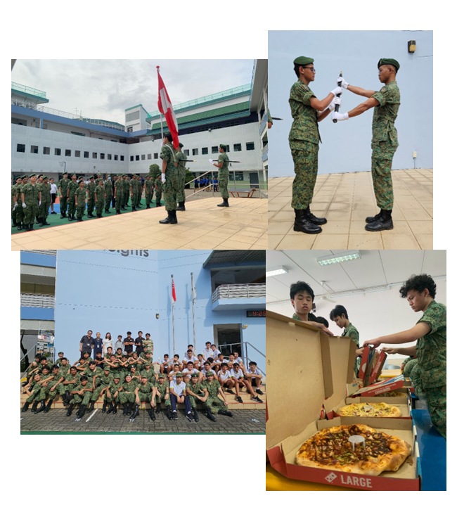 Four photos of military cadets: parade with flag, two soldiers exchanging item, group photo, and cadets eating pizza.