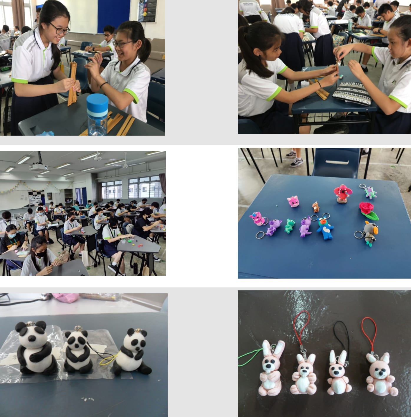 Students in a classroom craft session making clay keychains shaped like pandas, bunnies, and colorful animal figures.