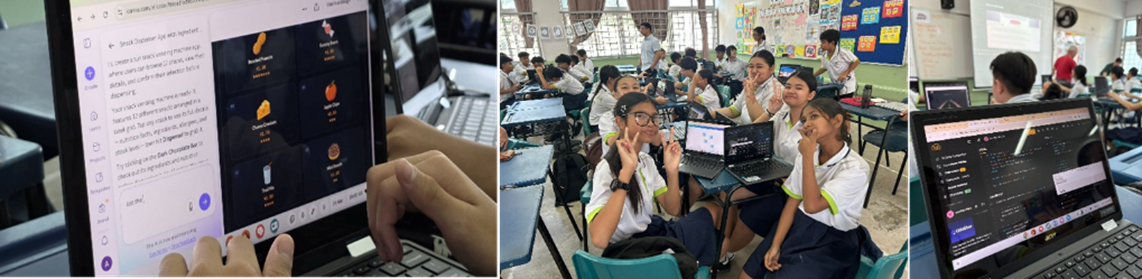 Three panels show students in a classroom using laptops, with girls smiling and posing while working on school tasks.