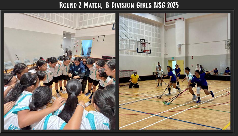 Girls huddle before a floorball match on the left; players compete on an indoor court on the right.