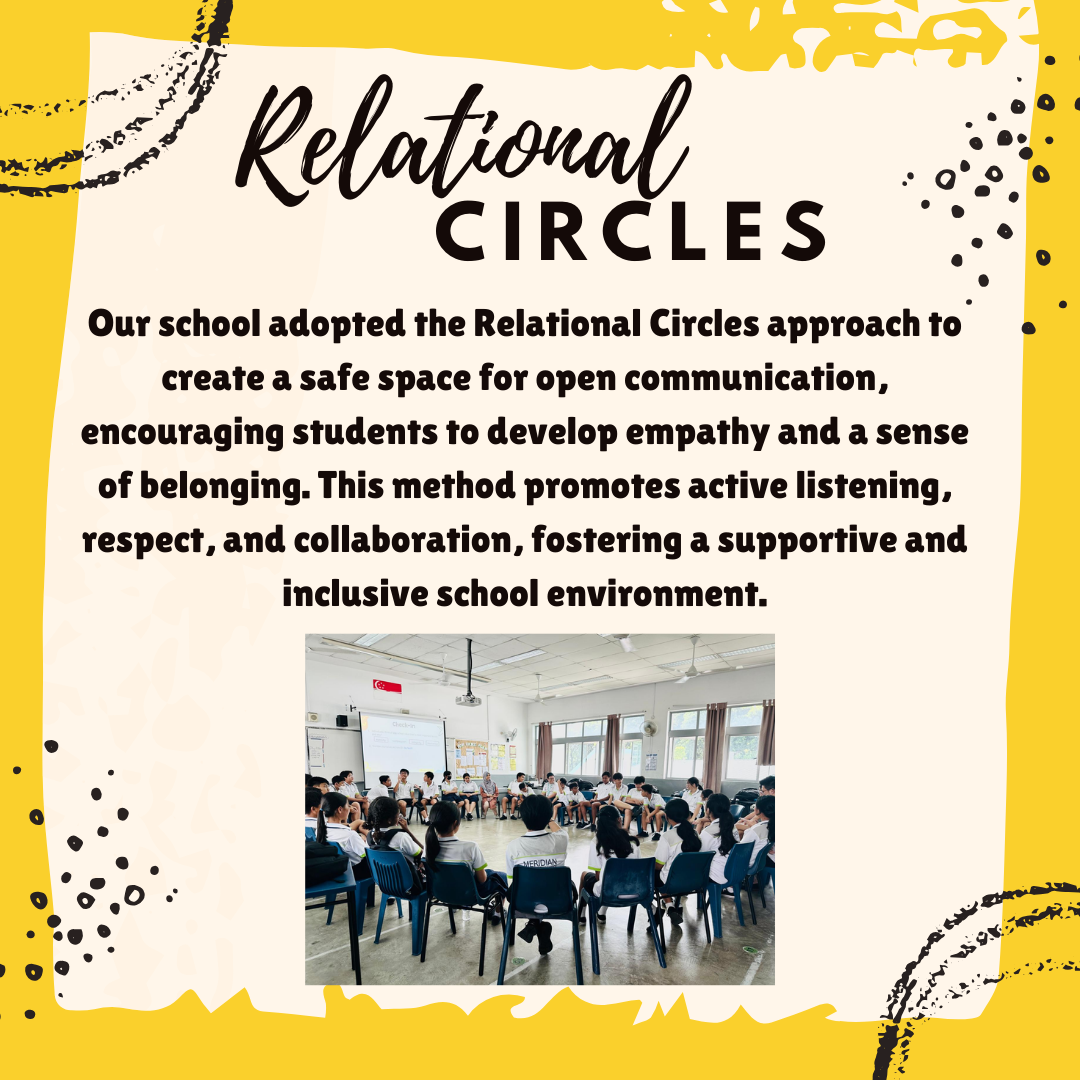 Students in white uniforms sit in a large circle on blue chairs in a classroom during a Relational Circles session.
