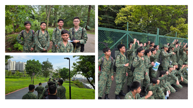 Three photos of youths in green camouflage uniforms outdoors, posing, walking a path, and sitting near a fence.