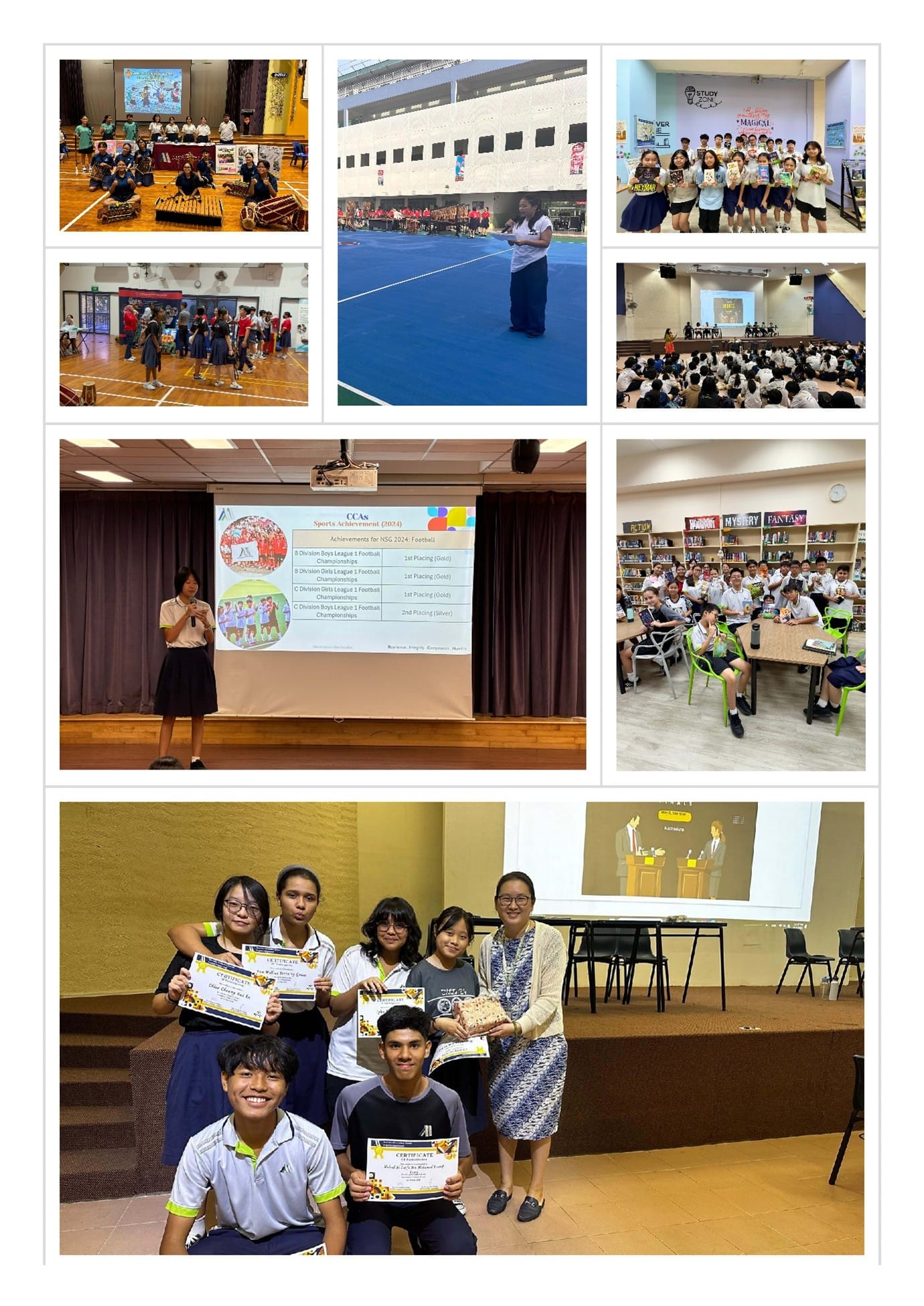 Collage of school events showing students at assemblies, a library, sports presentations, and a certificate award ceremony.