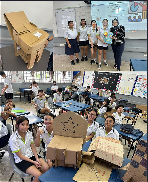 Students in a classroom display cardboard chair constructions, with some posing near a projector screen.