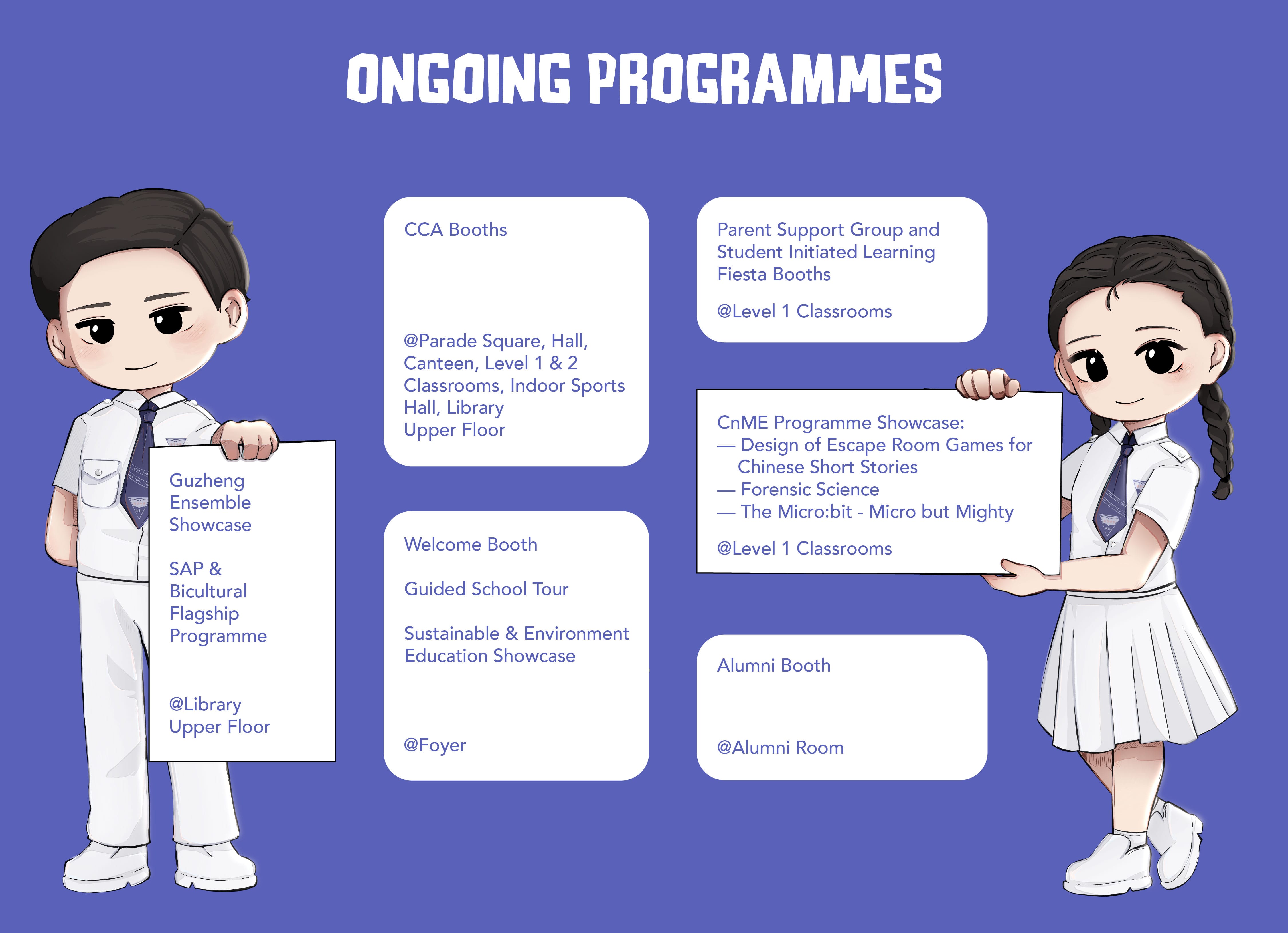 Two cartoon students in uniforms hold signs listing ongoing school programmes, events, and their locations on a blue background.
