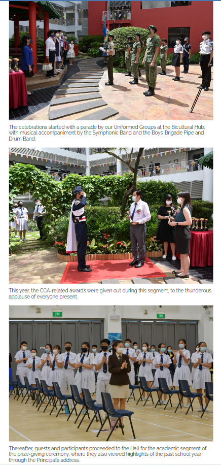 Three school event photos showing a uniformed parade outdoors, an award presentation, and students assembled in a hall.