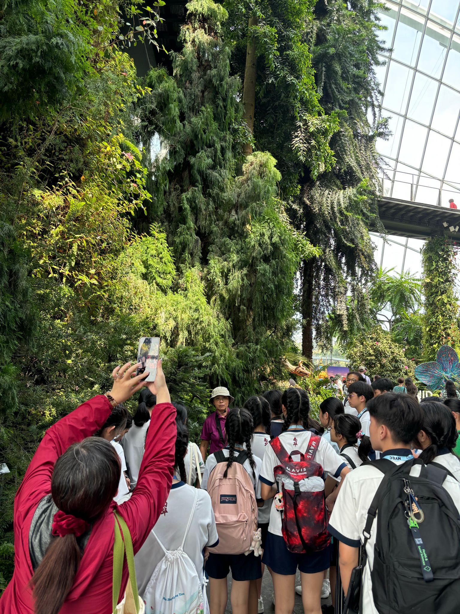 Students with backpacks gather around a guide inside a large greenhouse with tall lush green plants and a glass ceiling.