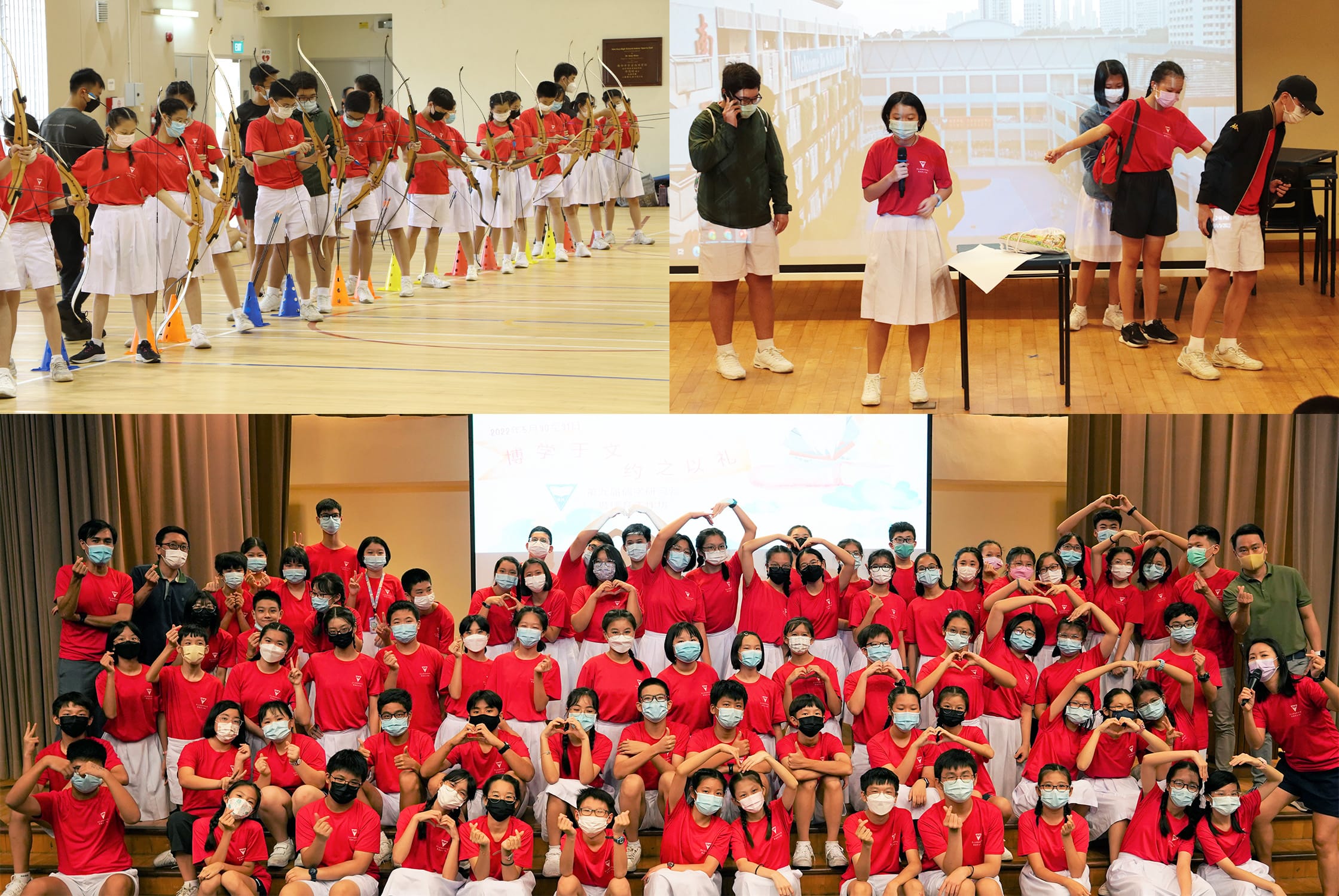 Students in red shirts practice archery indoors, attend a presentation, and pose for a masked group photo.