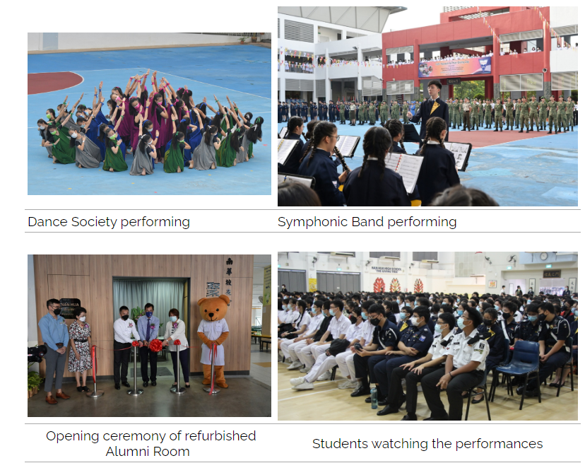 Four school event photos: dance performance, symphonic band, alumni room ceremony, and students watching in uniforms.