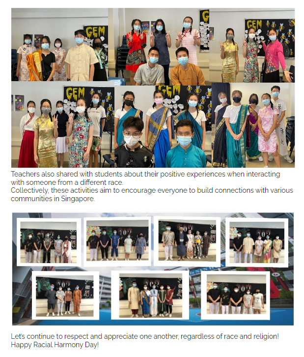 Students and teachers in traditional multicultural attire pose in groups for Racial Harmony Day, all wearing masks.