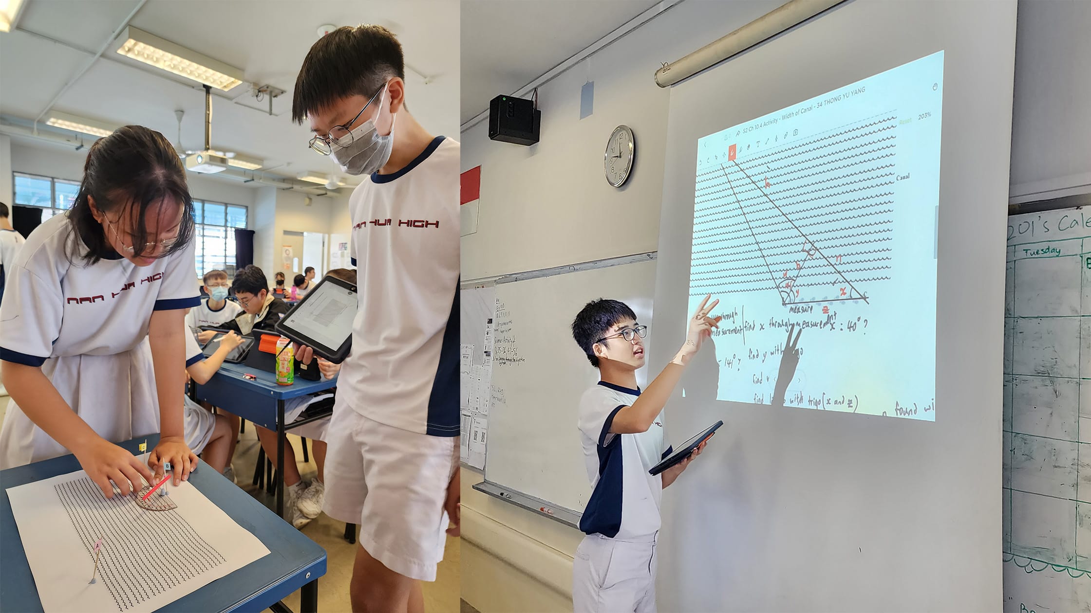 Students in uniforms work on a math activity; one presents a geometry diagram on a projected screen.