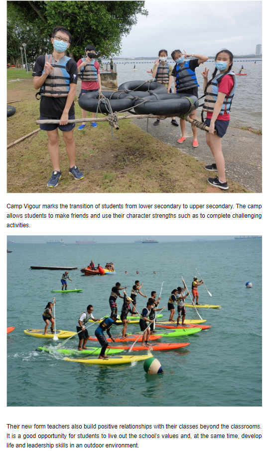 Students in life jackets carry a rubber raft near a shore; below, students stand on colorful paddleboards in the sea.