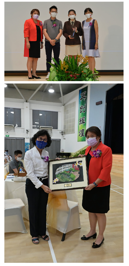 Two photos: four masked people on a stage, one holding a trophy; two masked women holding a framed artwork.