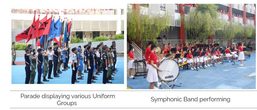 Students in uniform groups parade with flags on the left; a symphonic band performs outdoors on the right.