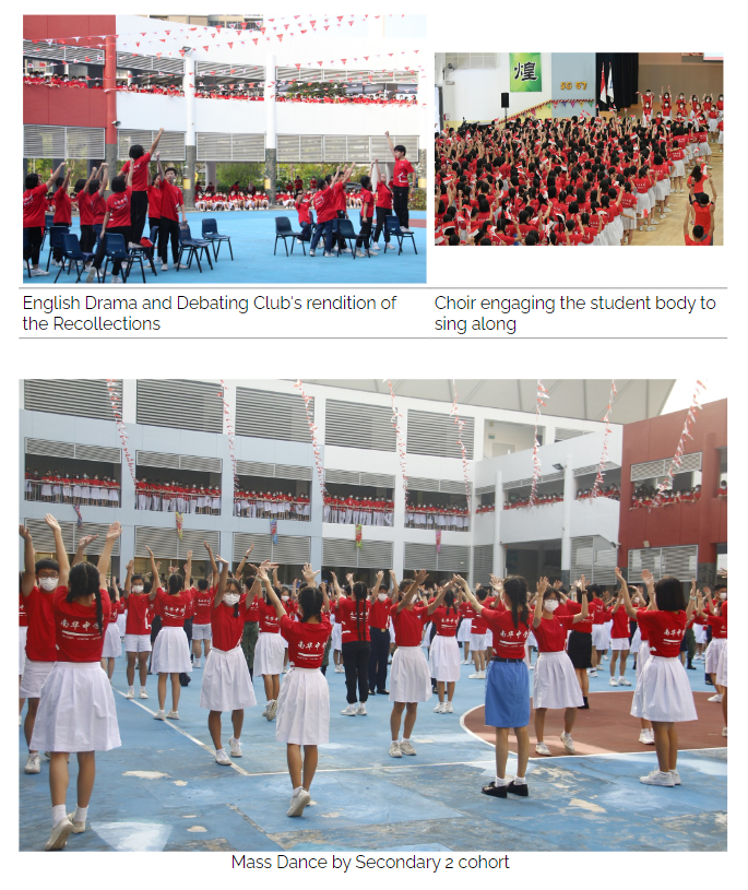 Students in red and white uniforms performing a mass dance outdoors, with a choir and drama club event shown above.