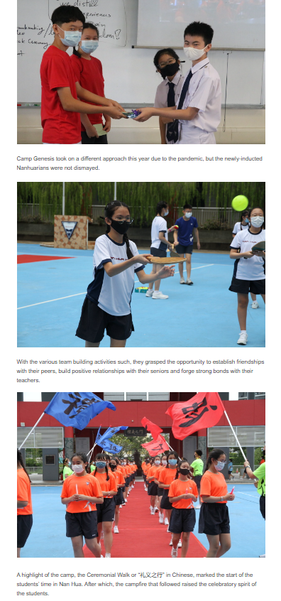 Three photos show masked students at a school camp doing indoor activities, outdoor sports, and a ceremonial walk with colorful flags.