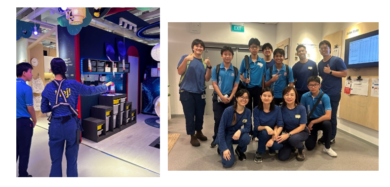 Two photos: staff in blue uniforms inside a colorful venue, and a group of nine smiling staff posing together indoors.