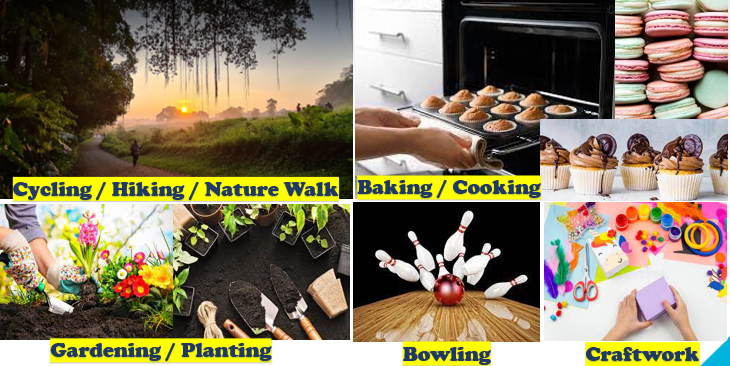 Six hobby category photos labeled cycling, hiking, nature walk, baking, cooking, gardening, planting, bowling, and craftwork.