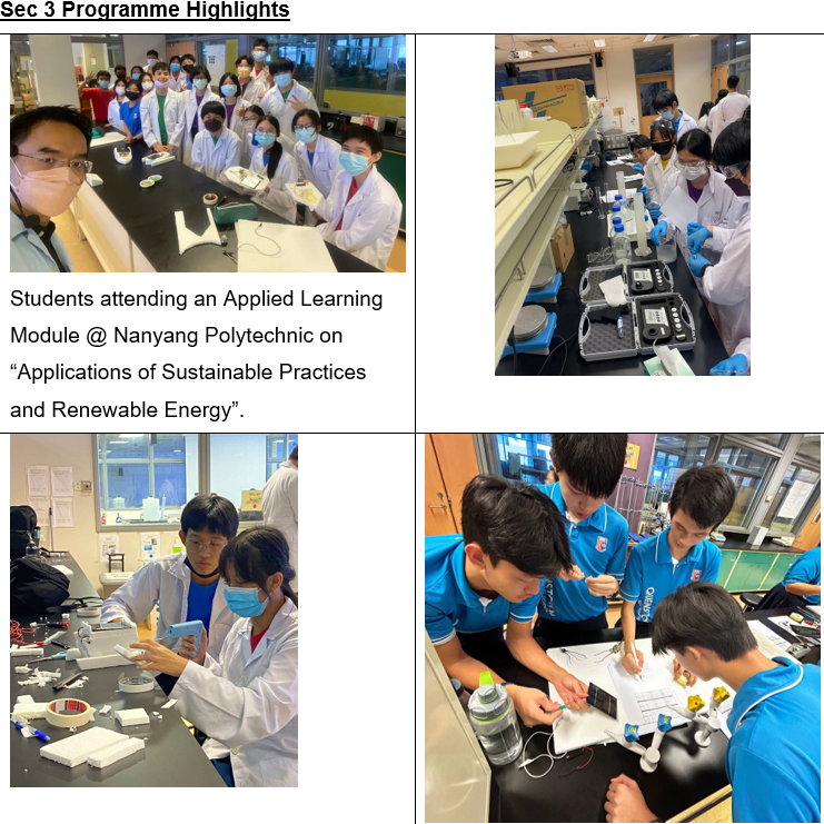 A group of Sec 3 students wearing white coat attending an applied learning module at Nanyang Polytechnic.