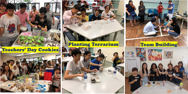 Five photos show school activities: Teachers' Day Cookies, Planting Terrarium, and Team Building sessions with students and adults.